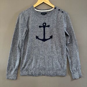 Nautica Women’s Grey Knit Sweater Size Small 100% Cotton Preppy Anchor Graphic